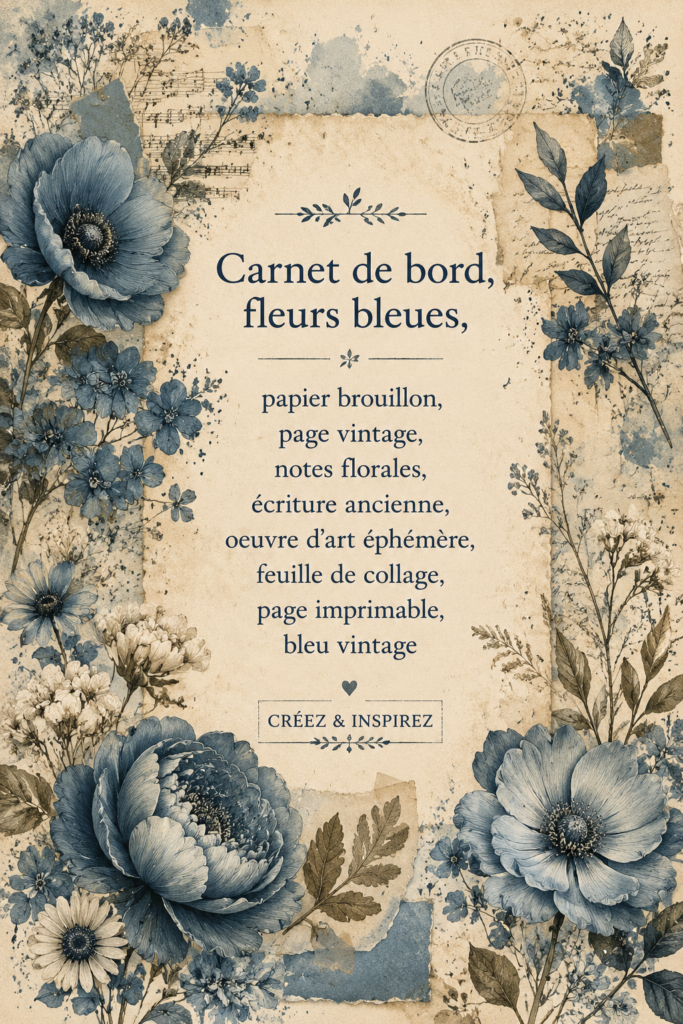 Carnet de notes floral vintage sur table en bois, créé avec des fleurs bleues