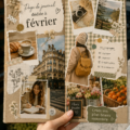 Carnet de voyage ouvert avec des pages dédiées à février, décorées de dessins et de photos