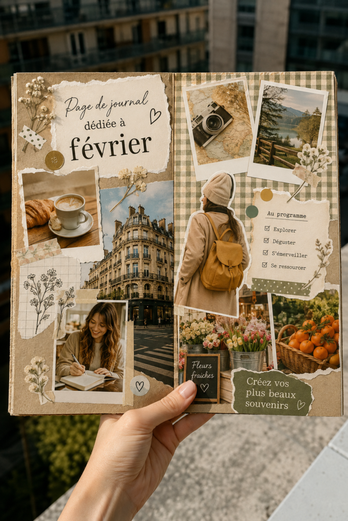 Carnet de voyage ouvert avec des pages dédiées à février, décorées de dessins et de photos