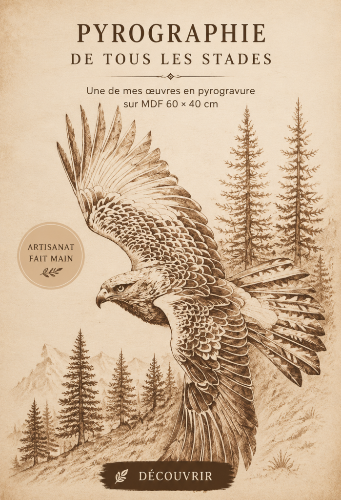 Pyrogravure sur bois illustrant des motifs créatifs.
