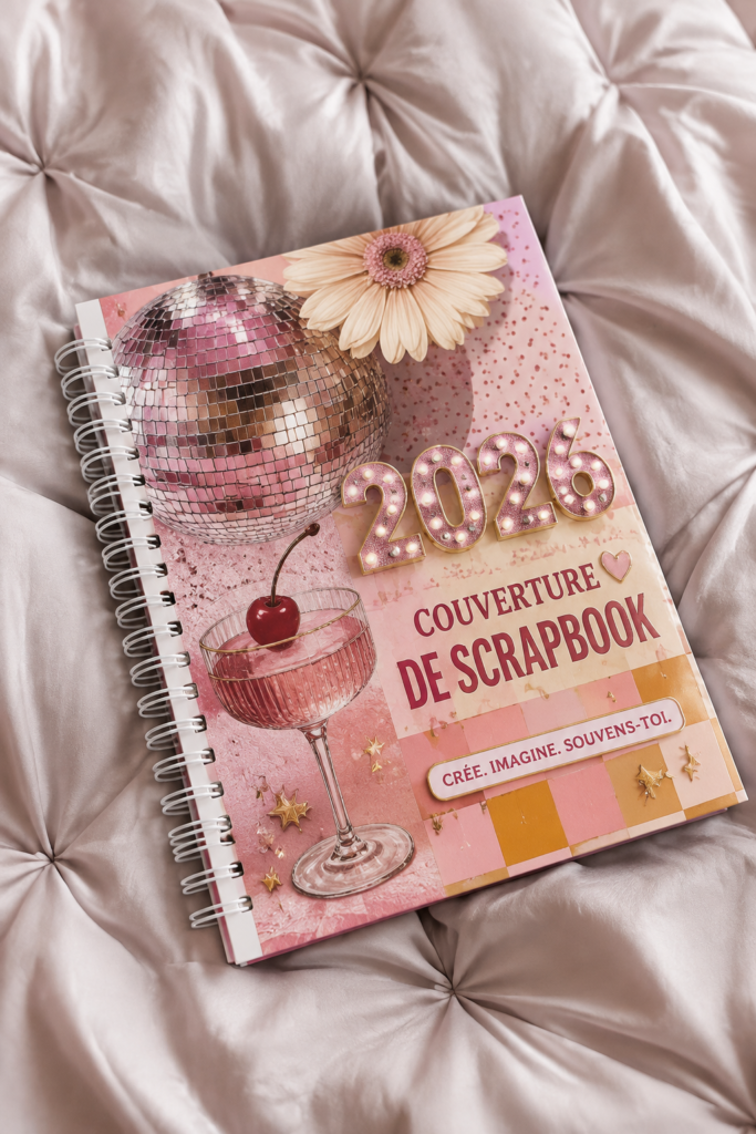 Couverture de scrapbook 2026 décorée avec des images et des embellissements créatifs.