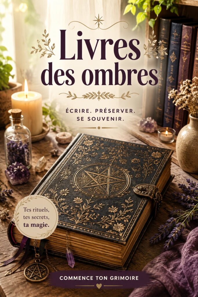 Un livre des ombres ouvert avec des pages décorées et des illustrations inspirantes.
