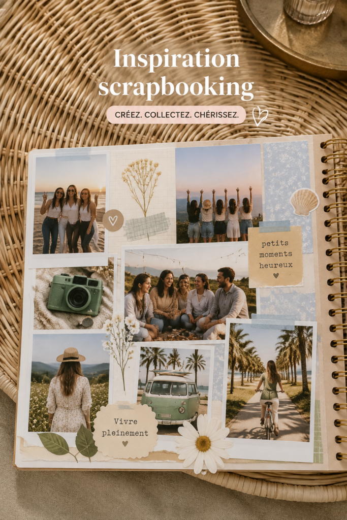 Un scrapbook esthétique ouvert avec des décorations colorées et créatives