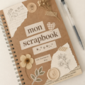 Un scrapbook coloré avec des photos et des embellissements artistiques.