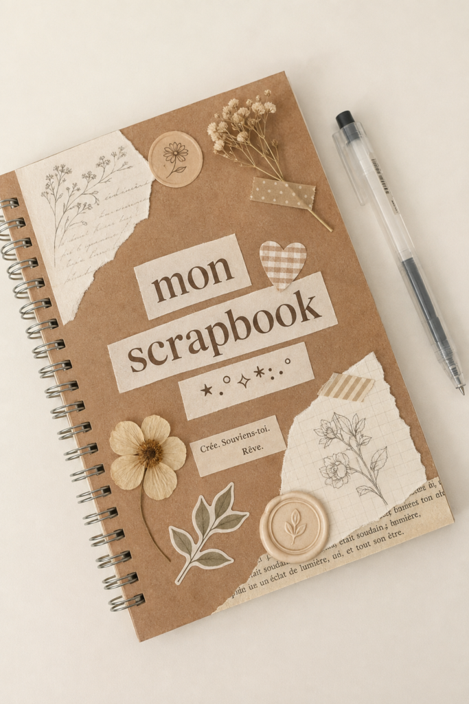 Un scrapbook coloré avec des photos et des embellissements artistiques.
