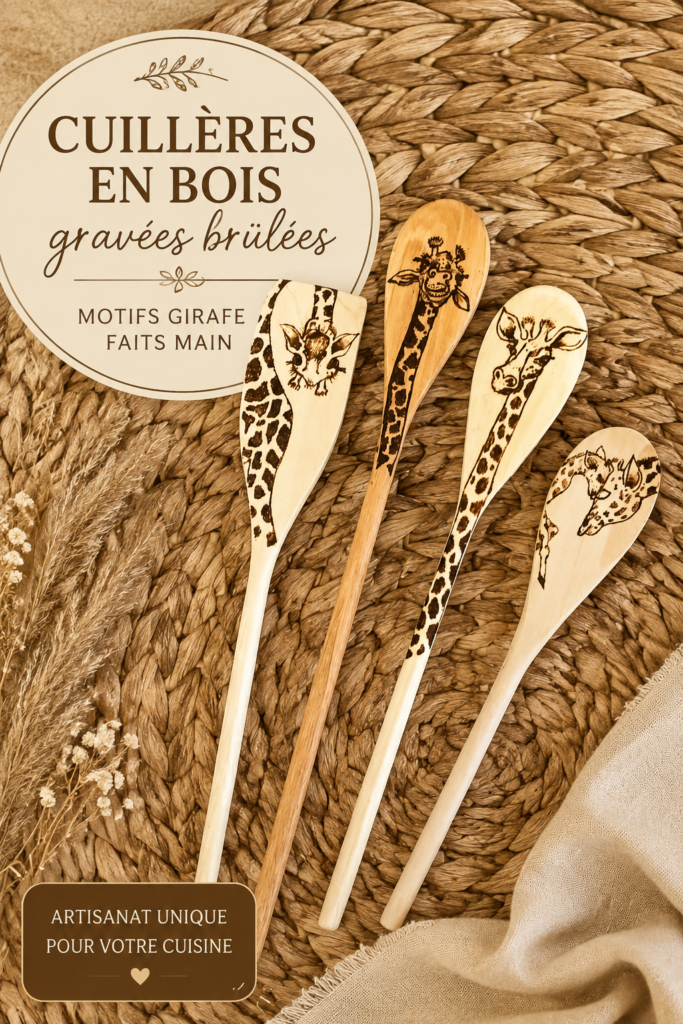 Cuillère en bois avec motifs de pyrogravure en forme de girafe