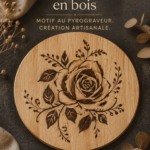 Dessous-de-plat en bois décoré d'un motif de rose réalisé par pyrogravure