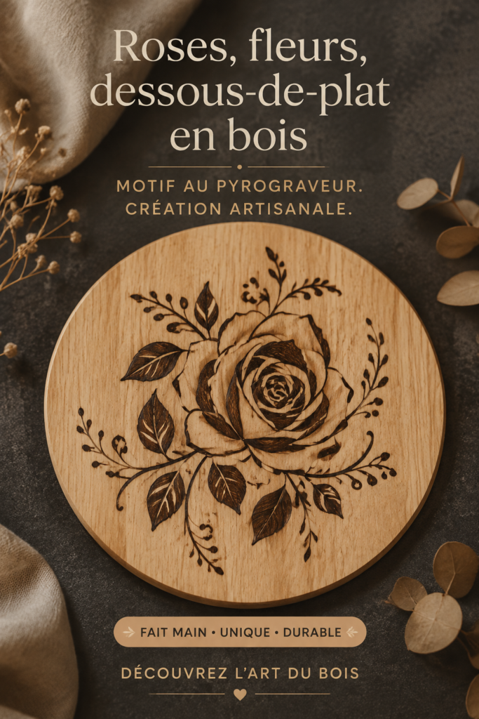 Dessous-de-plat en bois décoré d'un motif de rose réalisé par pyrogravure