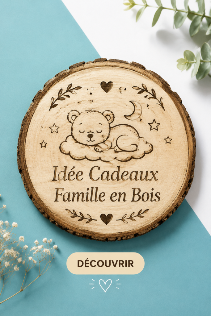 Une sélection de cadeaux en bois faits main sur une table chaleureuse.