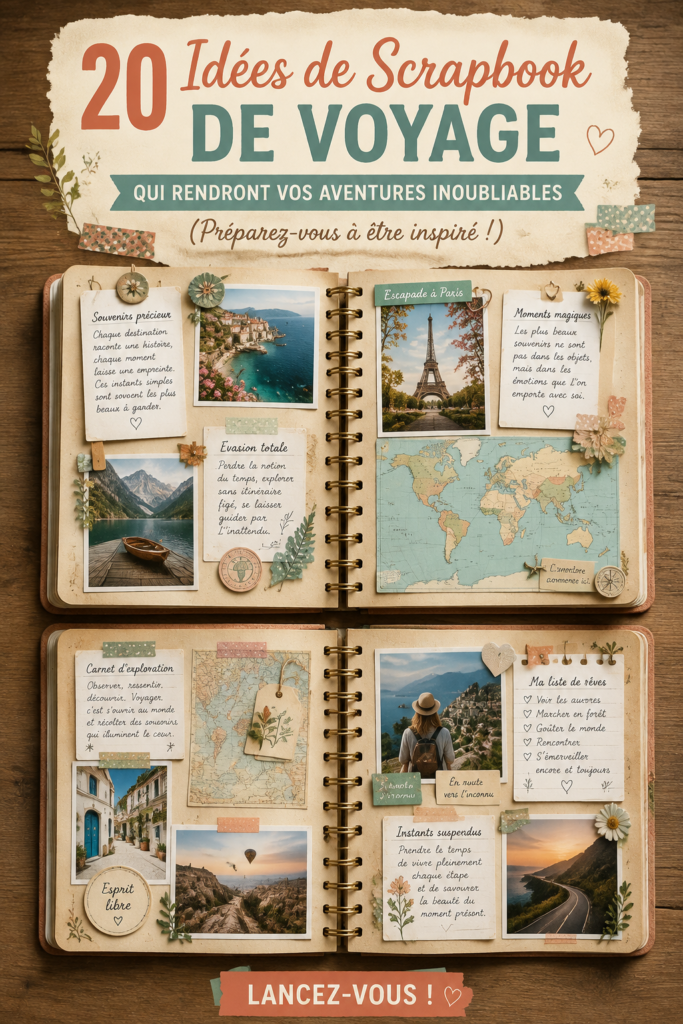 Un carnet de voyage ouvert avec des photos et des souvenirs, illustrant des aventures mémorables.