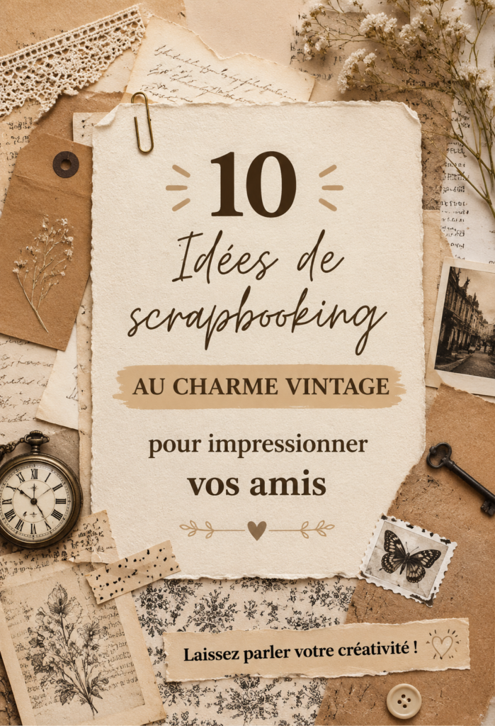 Un scrapbook vintage ouvert avec des photos et des embellissements colorés.