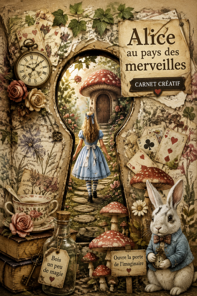 Un art journal ouvert avec des illustrations inspirées d'Alice au pays des merveilles.