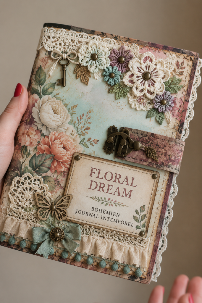 Un journal junk floral ouvert avec des pages colorées et des décorations variées.