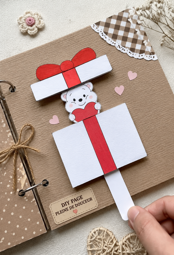 Image d'une page de scrapbook créative avec des embellissements colorés.