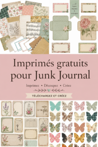 Modèles de pages de junk journal à imprimer gratuitement sur une table avec des fournitures d'art