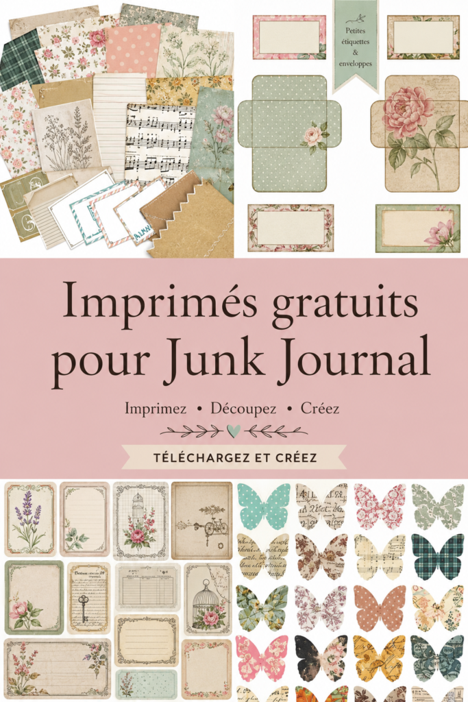 Modèles de pages de junk journal à imprimer gratuitement sur une table avec des fournitures d'art