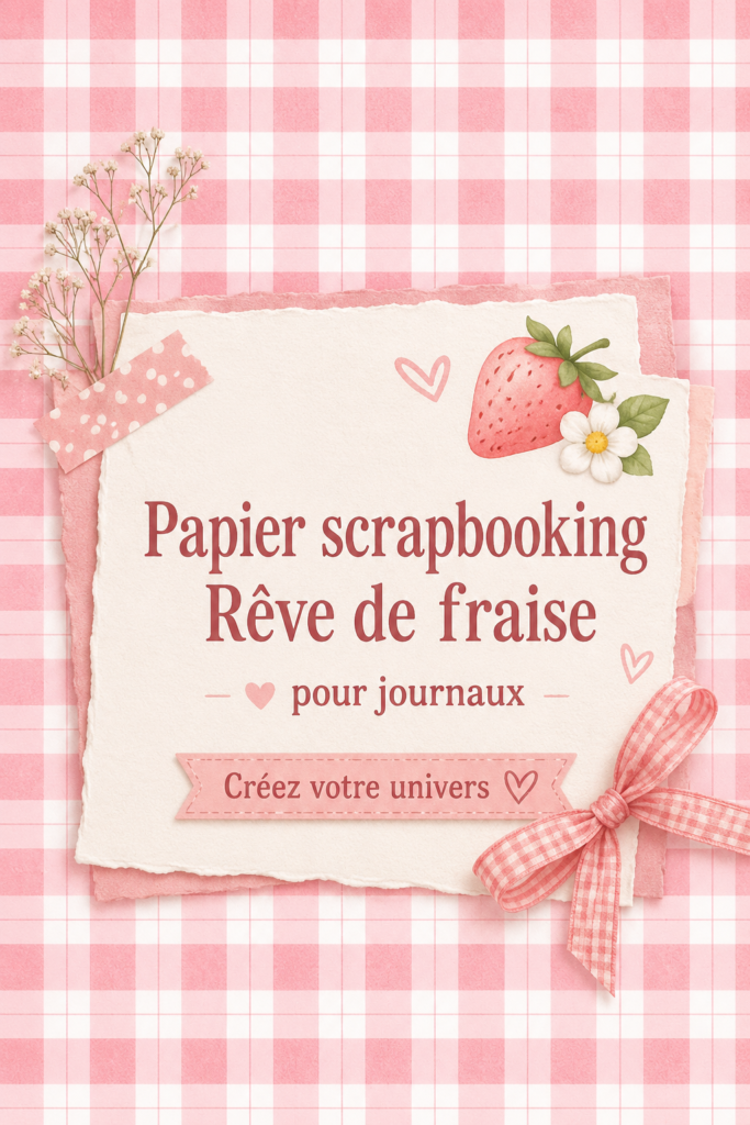 Papiers à scrapbook avec des motifs de fraises colorés, parfaits pour des projets créatifs.