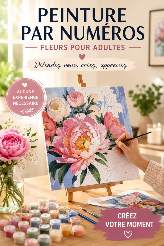 Un kit de peinture par numéro pour adultes illustré avec des fleurs colorées.
