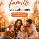 Photo de famille souriante en automne, entourée de feuilles colorées.