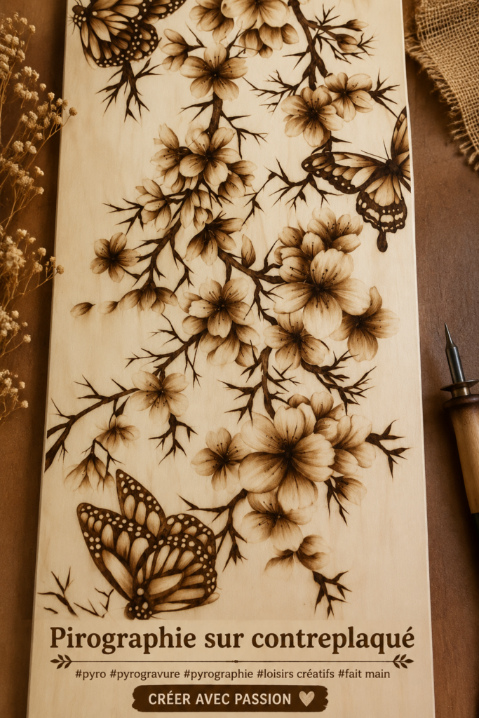 Un projet de pirogravure multicouche sur bois montrant des motifs élaborés.
