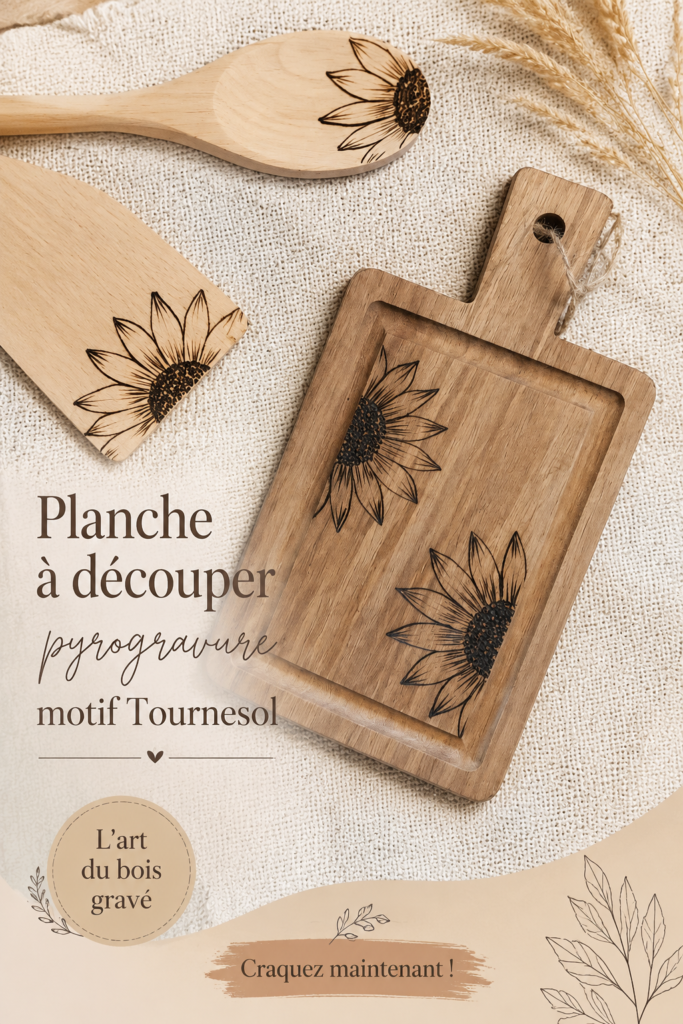 Planche à découper en bois avec un motif pyrogravé de tournesol.