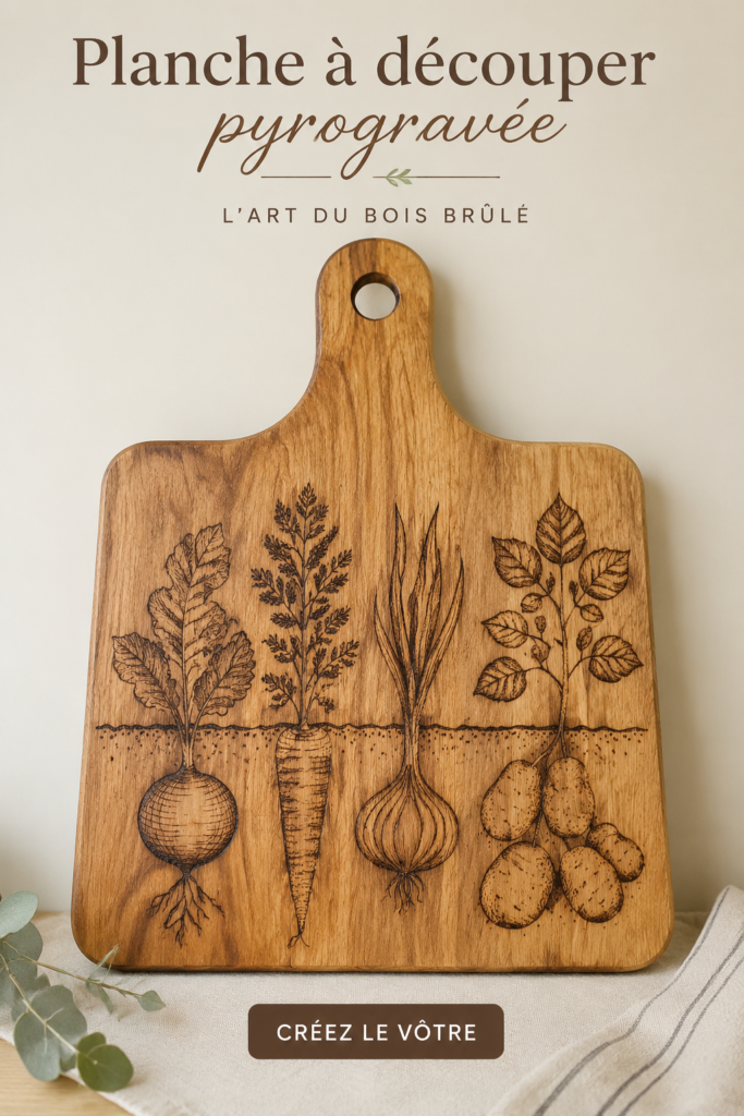 Planche à découper en bois décorée par pyrogravure