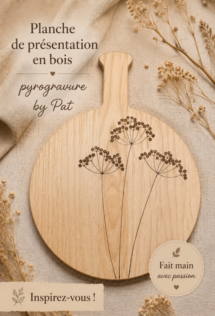 Planche de présentation en bois avec des motifs de pyrogravure