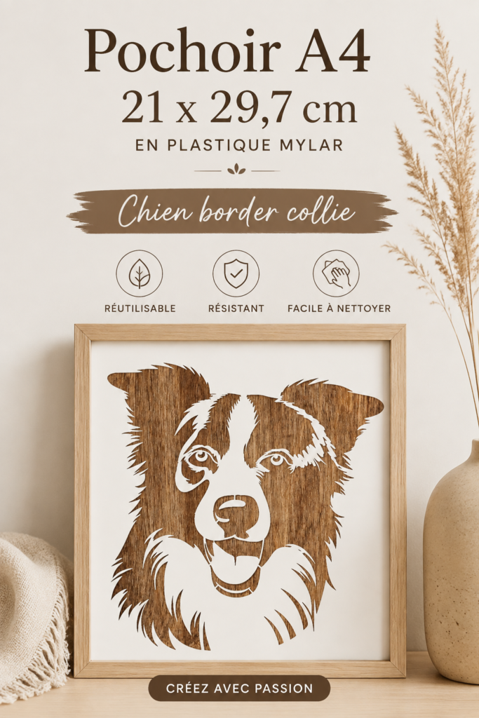 Un pochoir Border Collie en plastique, prêt à l'emploi pour des créations artistiques.