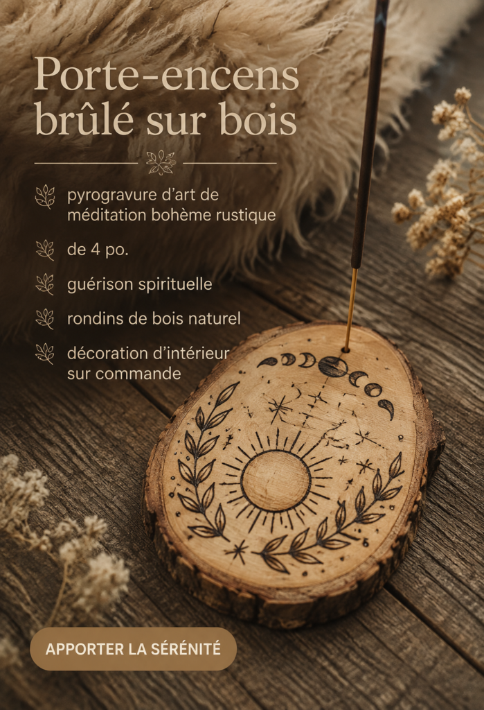 Porte-encens en bois artisanal sur une table de méditation, décoratif et apaisant