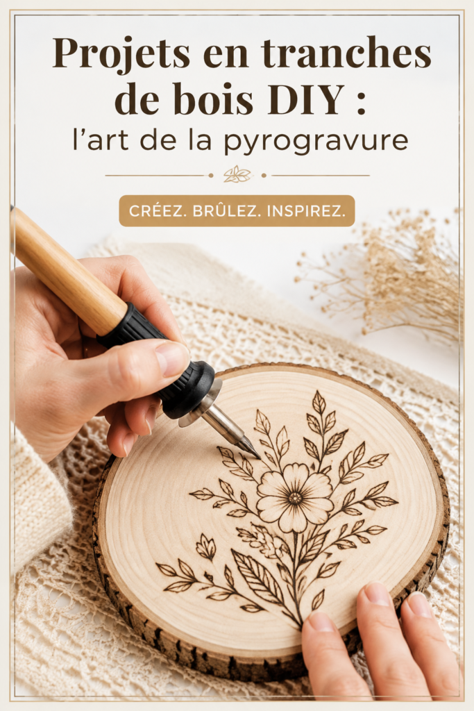 Un projet de déco en bois pyrograver, mettant en avant des motifs floral et des détails artisanaux.