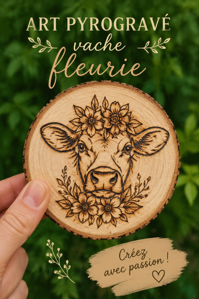 Création en pyrogravure représentant une fleur sur bois, montrant l'artisanat délicat de la technique.