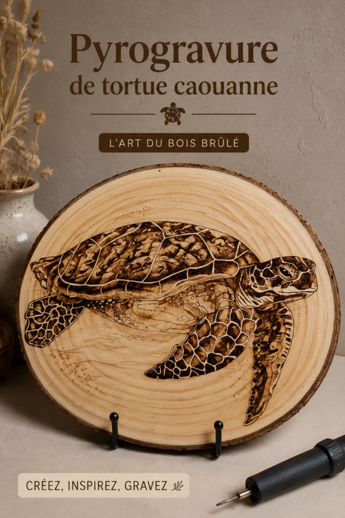 Pyrogravure d'une tortue caouanne sur planche en bois