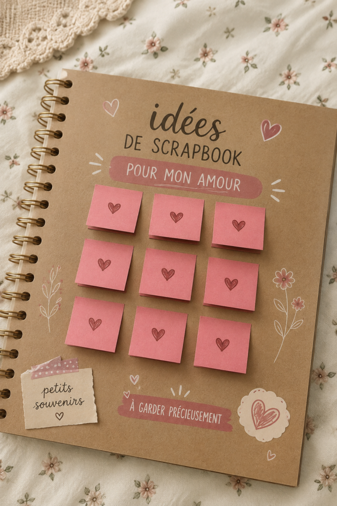 Scrapbook créatif avec des souvenirs et des photos romantiques.