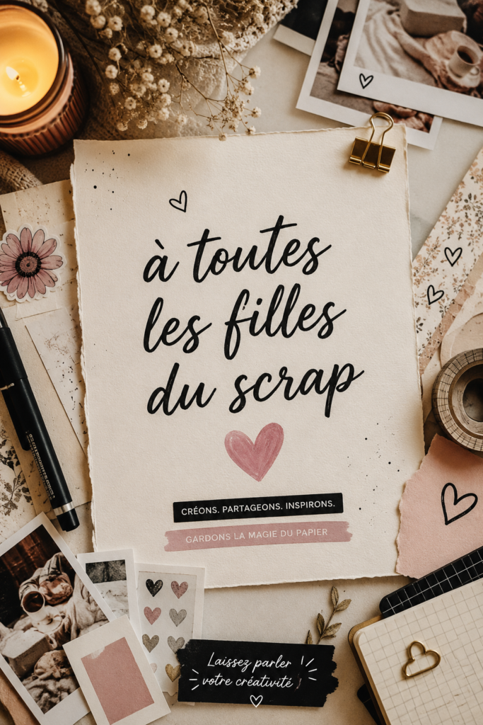Femme créant un album de scrapbook avec des papiers colorés et des embellissements.