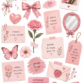 Un assortiment coloré de stickers roses sur fond blanc, prêts pour des projets créatifs.