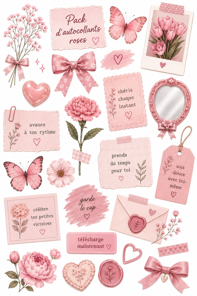 Un assortiment coloré de stickers roses sur fond blanc, prêts pour des projets créatifs.