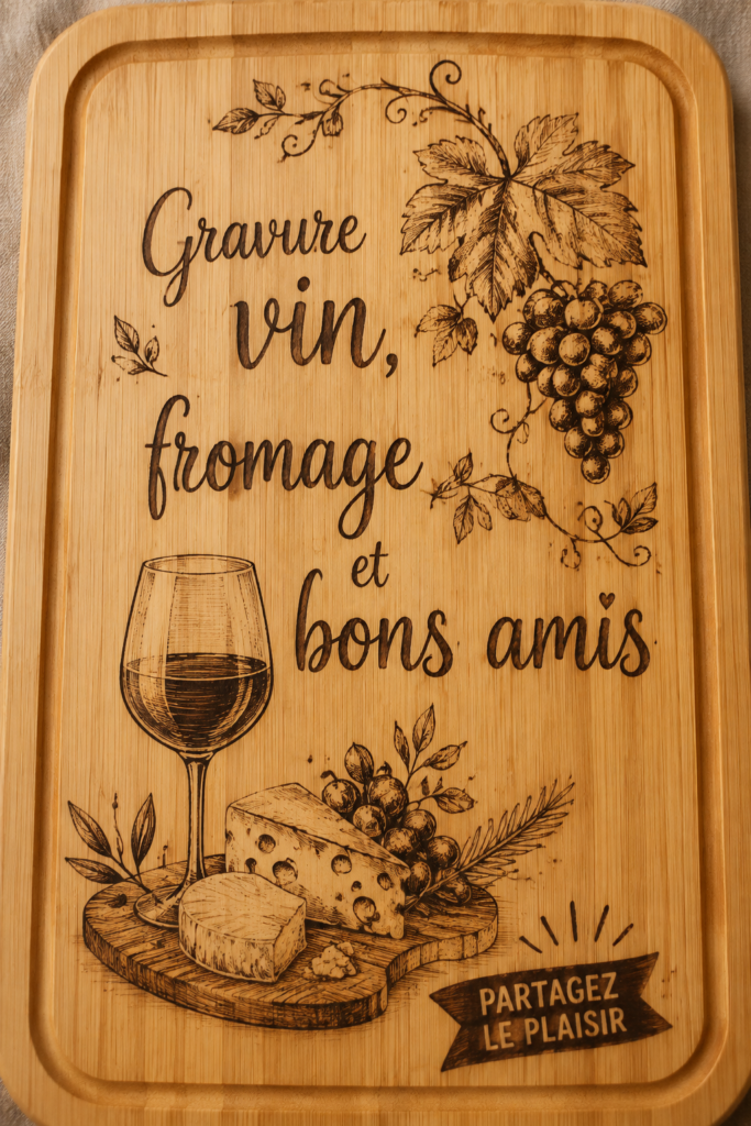 Plateau de fromages et bouteilles de vin personnalisé avec des motifs en woodburning