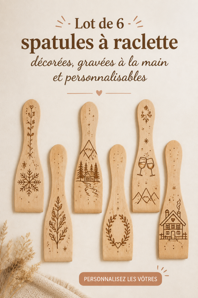 Un ensemble de spatules à raclette en bois gravées à la main, présentées sur une table en bois