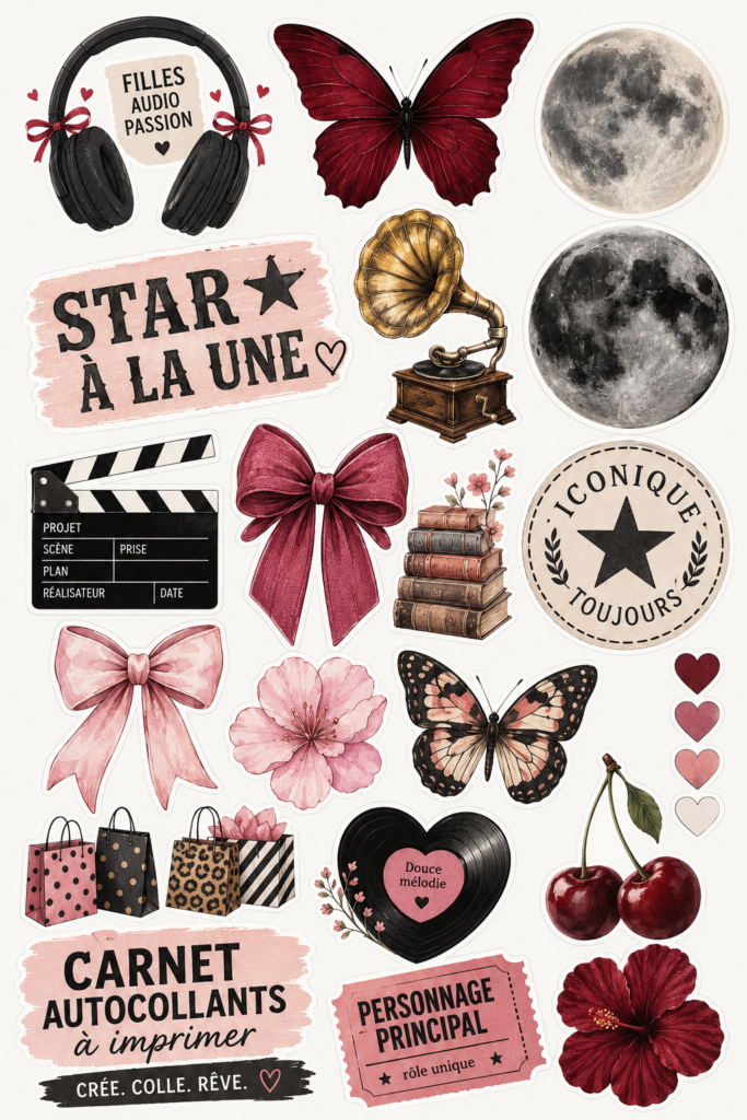 Un ensemble de stickers imprimables colorés pour personnaliser un journal créatif.