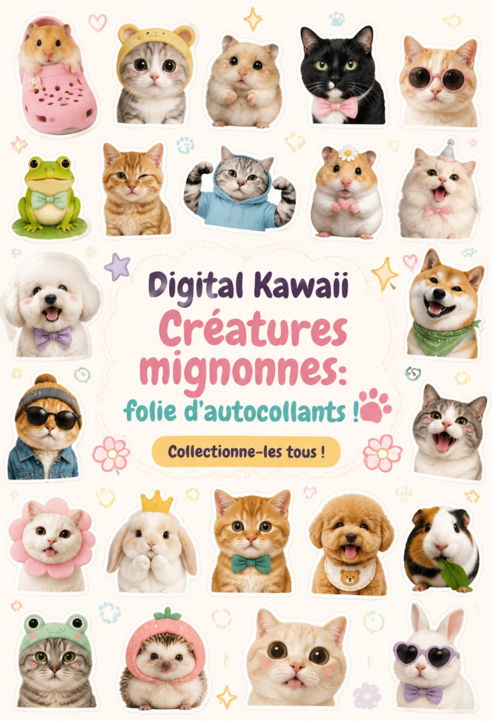 Un collage de stickers kawaii colorés sur un fond pastel, représentant divers personnages mignons.