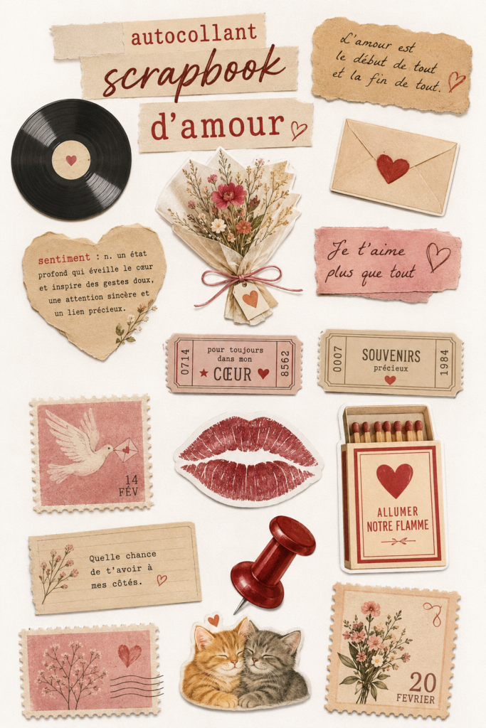Un scrapbook d'amour créatif avec divers stickers colorés