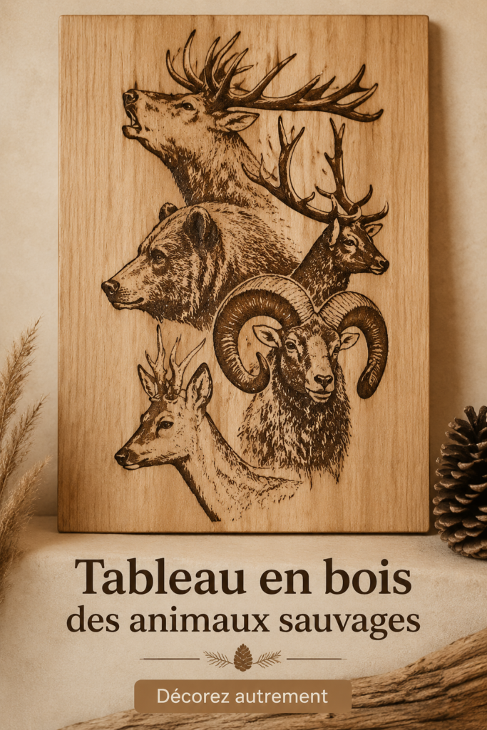 Tableau en bois représentant des animaux sauvages dans une décoration intérieure chaleureuse.
