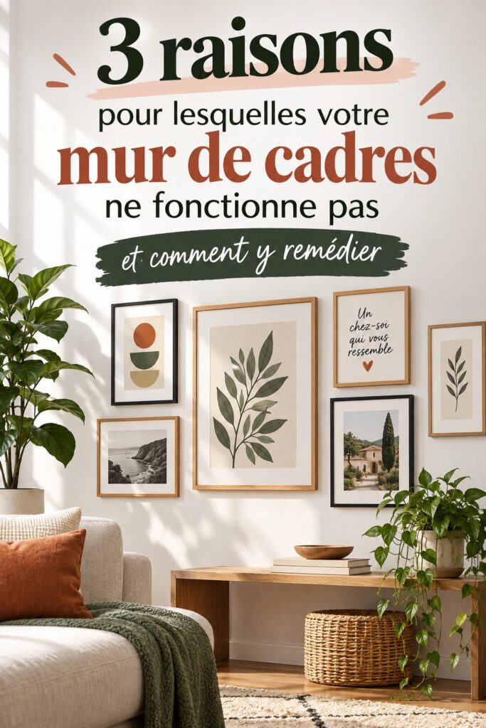 Une belle galerie murale avec des cadres variés et des œuvres d'art créatif, créant une ambiance chaleureuse.