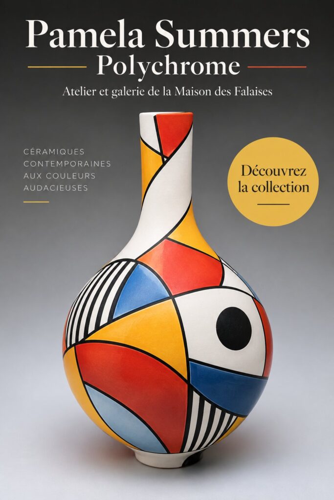 Exposition d'art polychrome de Pamela Summers au Cliff House Studio, avec des œuvres colorées et vibrantes.