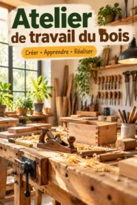 Atelier de travail du bois montrant des participants créatifs au travail