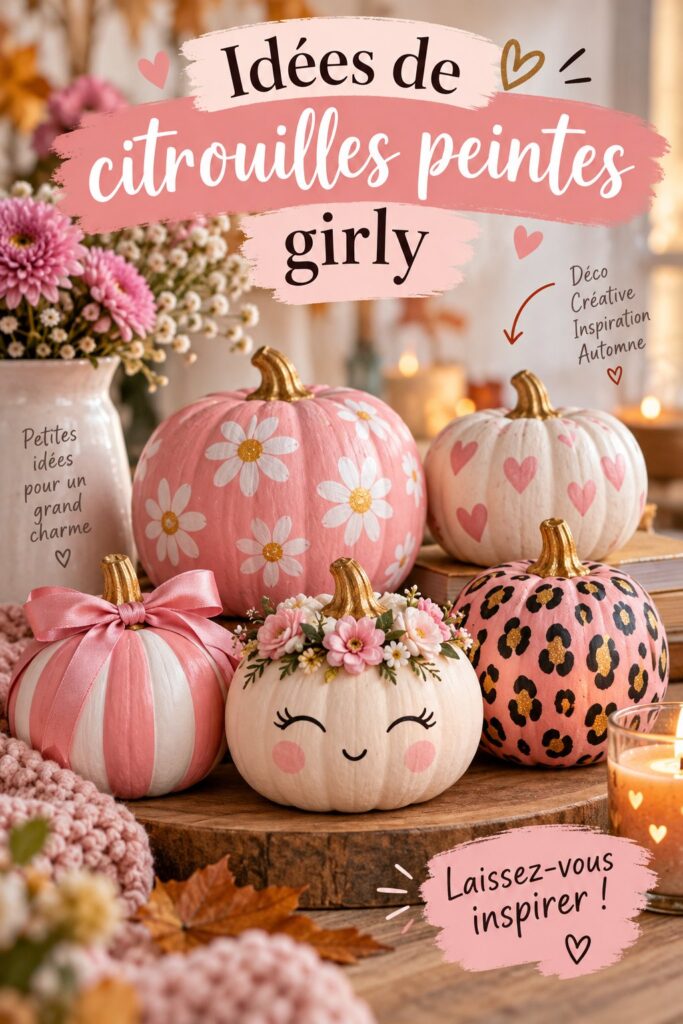 Citrouilles peintes dans des couleurs pastel pour une déco d'Halloween girly.