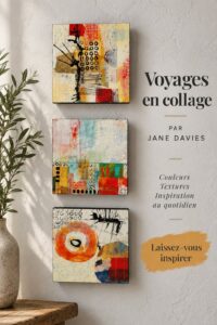 Un collage artistique coloré inspiré par Jane Davies, mettant en avant des formes et des textures variées.