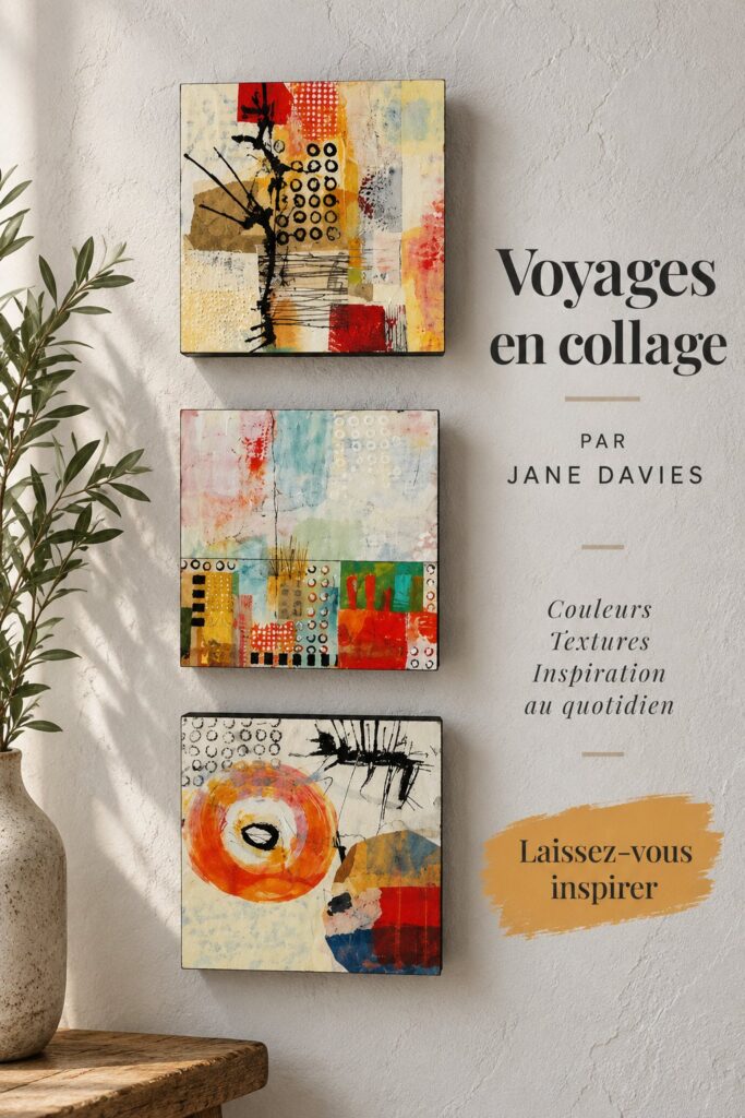 Un collage artistique coloré inspiré par Jane Davies, mettant en avant des formes et des textures variées.