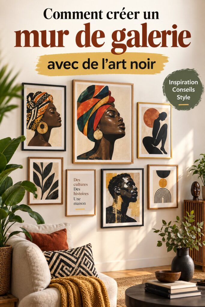 Une galerie murale moderne d'art noir avec différentes œuvres encadrées, créant une ambiance chaleureuse et stylée dans un salon.