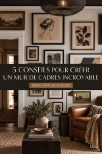 Un mur de galerie décoré avec des photos encadrées et des œuvres d'art colorées.